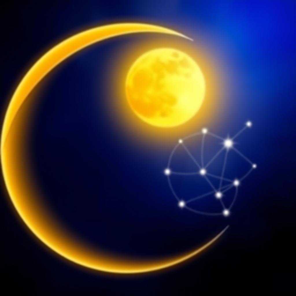 A stunning visual combining a crescent moon and an internet symbol, featuring the moon glowing softly with a deep blue night sky background