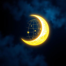 A stunning visual combining a crescent moon and an internet symbol, featuring the moon glowing softly with a deep blue night sky background