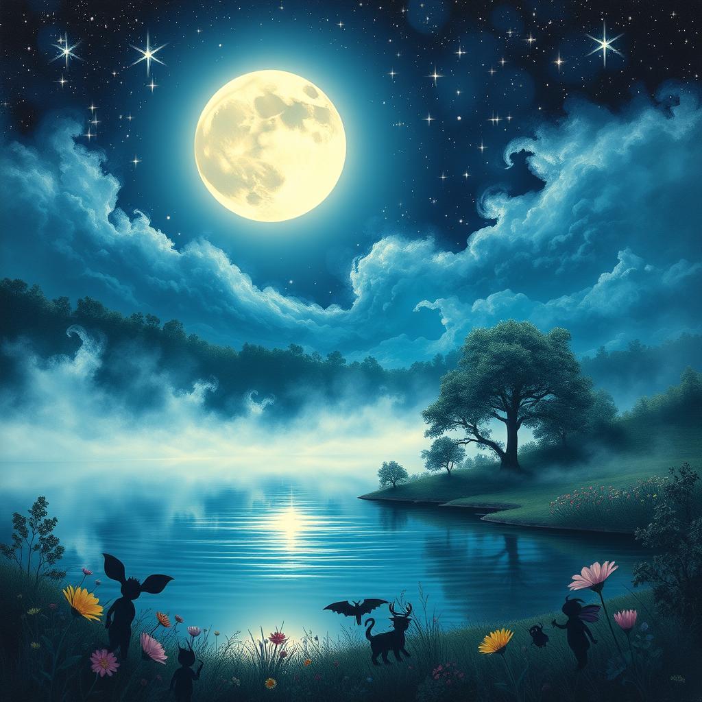 A fantastical and dreamy scene of a mystical moonlit night, where the full moon shines brightly in a starry sky, illuminating a serene landscape