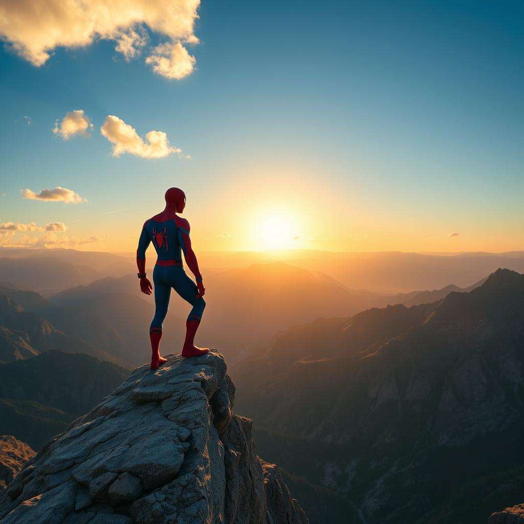 A stunning scene of Spider-Man perched on a rocky cliff high above a mountain range, with vast valleys and dramatic peaks in the background