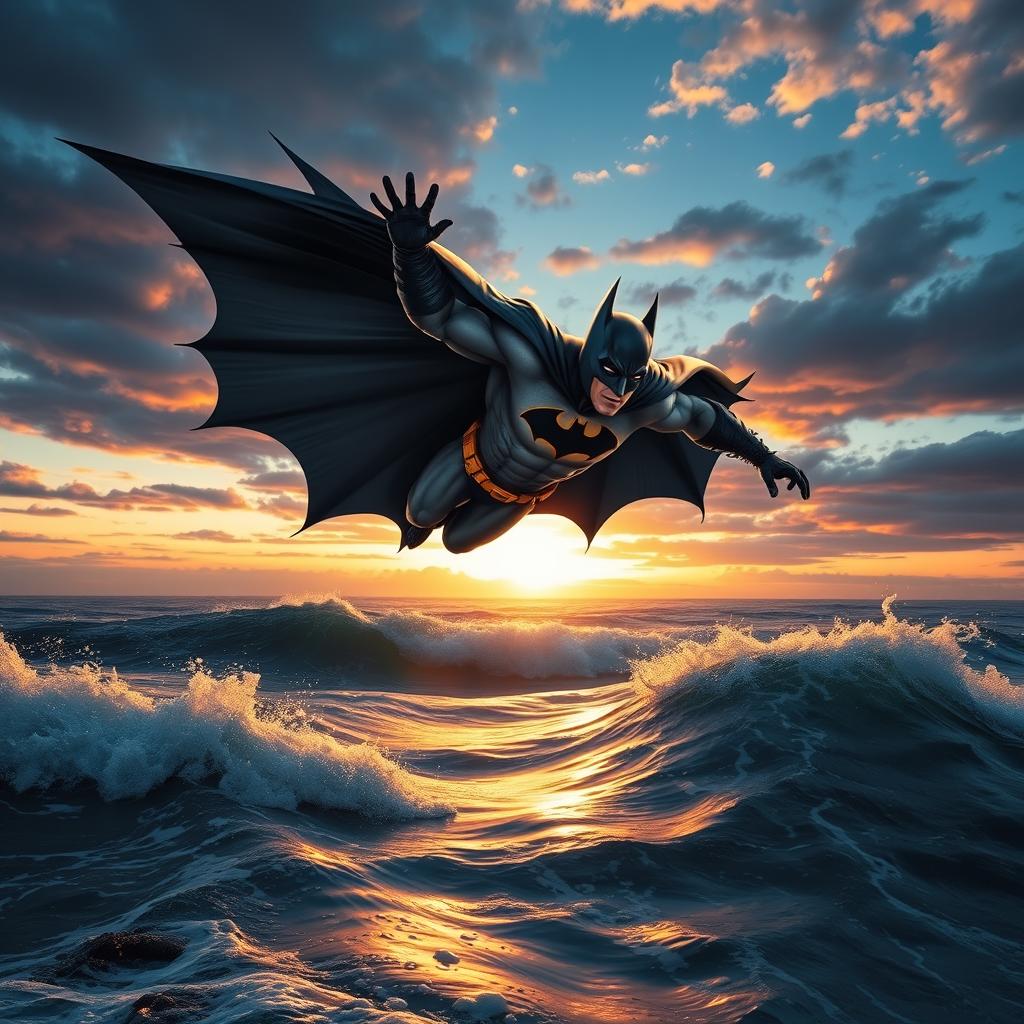A dynamic and vibrant scene of Batman flying over an expansive ocean, with the waves crashing beneath him