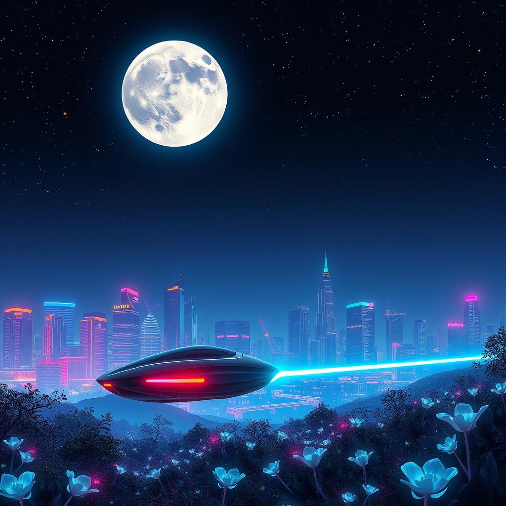 A surreal and imaginative scene featuring a glowing full moon dominating a clear night sky, surrounded by twinkling stars