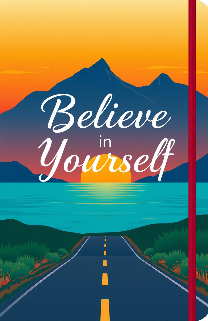 A motivational journal cover design featuring an inspiring landscape with a sunrise over mountains, accompanied by calm seas