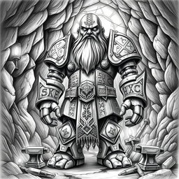 A striking black and white drawing of a mythical sentient golem shaped like a dwarf, standing majestically as the leader of a dwarf nation