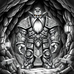 A striking black and white drawing of a mythical sentient golem shaped like a dwarf, standing majestically as the leader of a dwarf nation