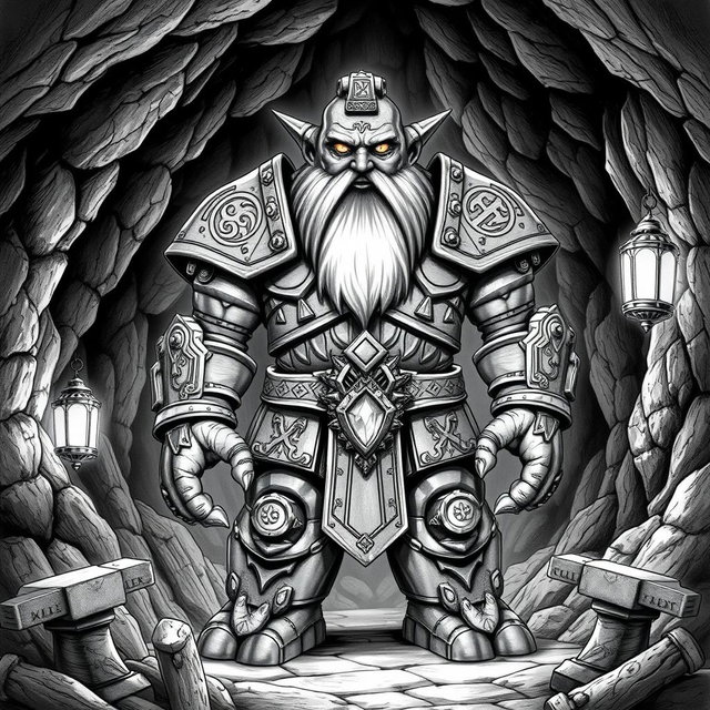 A striking black and white drawing of a mythical sentient golem shaped like a dwarf, standing majestically as the leader of a dwarf nation