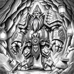 A striking black and white drawing of a mythical sentient golem shaped like a dwarf, standing majestically as the leader of a dwarf nation