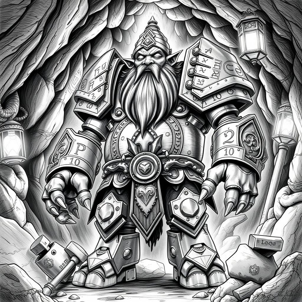 A striking black and white drawing of a mythical sentient golem shaped like a dwarf, standing majestically as the leader of a dwarf nation