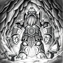 A striking black and white drawing of a mythical sentient golem shaped like a dwarf, standing majestically as the leader of a dwarf nation