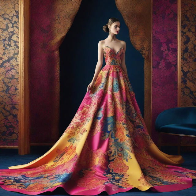 Craft an image of a woman wearing a vibrant, floor-length gown with intricate patterns, sparkly jewel accessories, and high heels against the backdrop of a luxurious event.