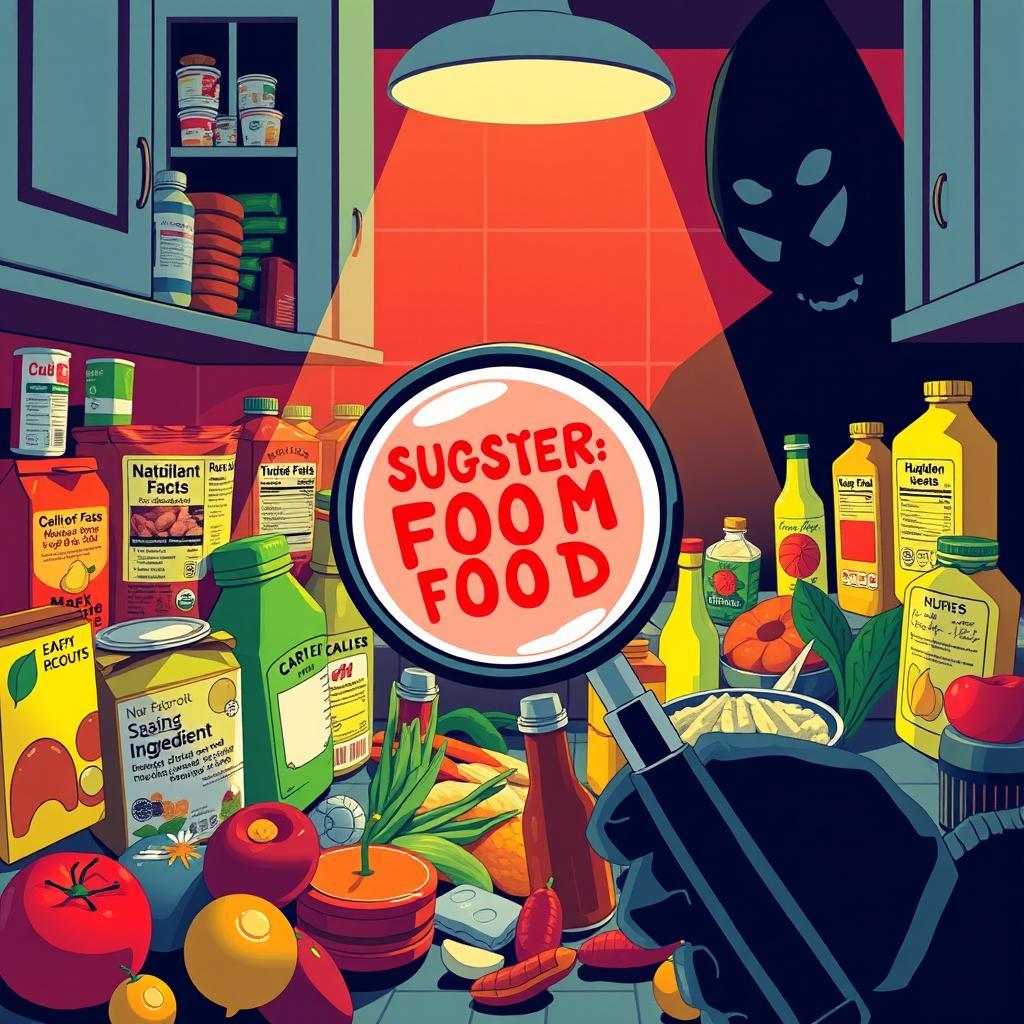 A striking and informative illustration capturing 'The Shocking Truth About Processed Foods That Big Food Companies Don’t Want You to Know!' The design should feature a vibrant and intriguing kitchen scene filled with various processed food items, showcasing labels with hidden ingredients and misleading health claims