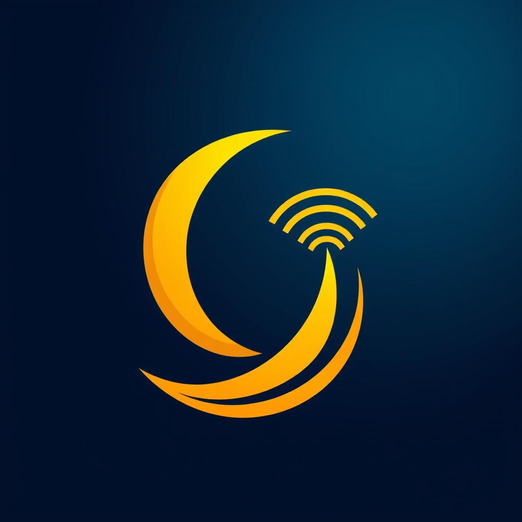 A creative logo design that combines a crescent moon and internet elements, such as a wi-fi signal or globe, in a modern artistic style