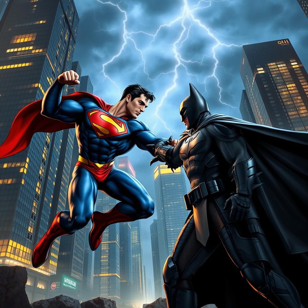 A powerful Superman battling Batman at night in a futuristic city
