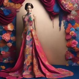 Craft an image of a woman wearing a vibrant, floor-length gown with intricate patterns, sparkly jewel accessories, and high heels against the backdrop of a luxurious event.