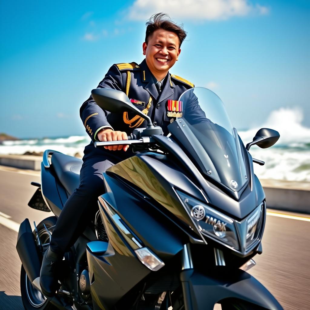 An Indonesian National Army Navy officer with the rank of fat captain confidently riding a sleek Yamaha NMAX motorbike