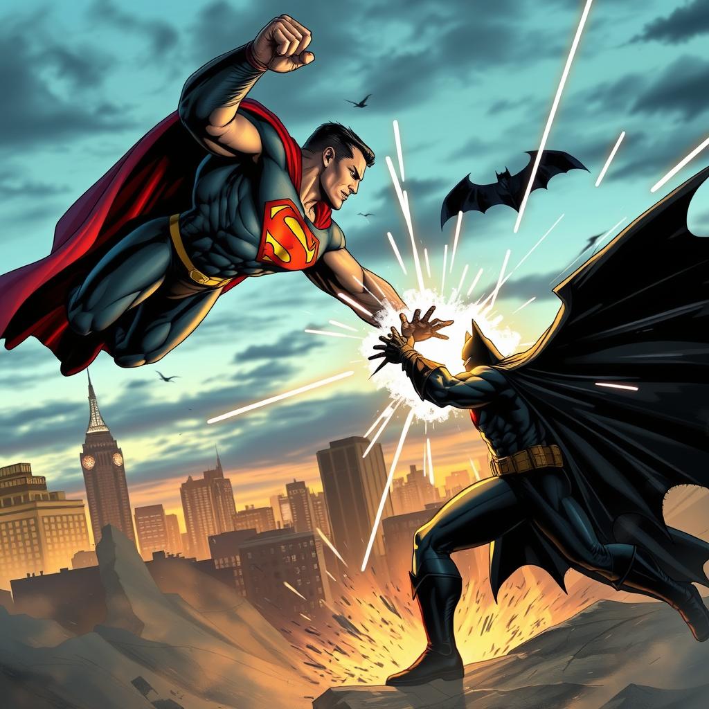 A dramatic scene depicting a powerful Superman clashing with Batman in an intense battle