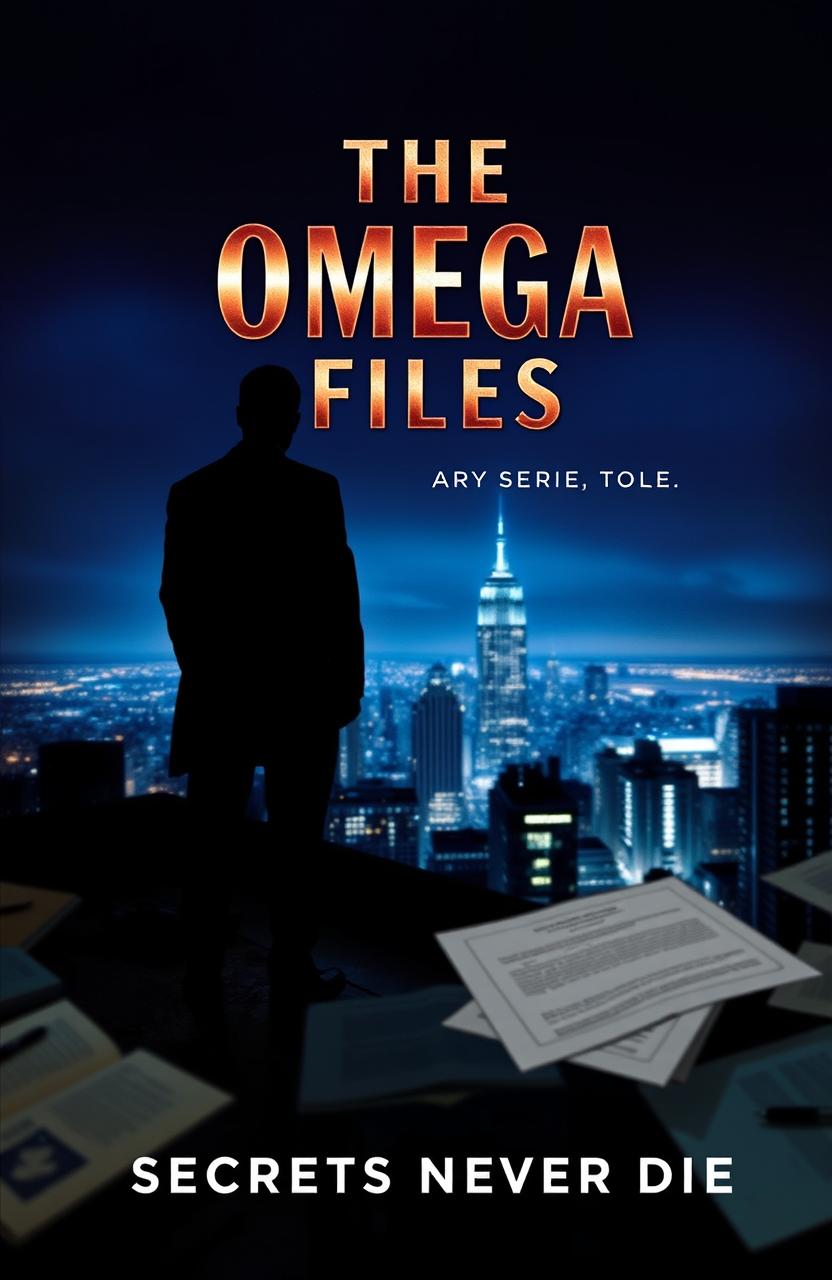 A gripping book cover for a spy thriller titled 'The Omega Files'