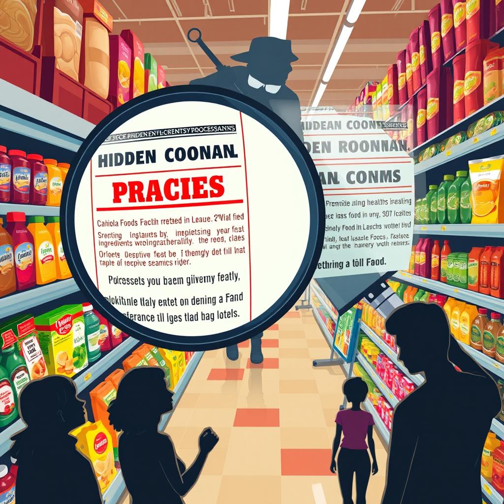 A dramatic and compelling illustration that reveals 'The Shocking Truth About Processed Foods That Big Food Companies Don’t Want You to Know!' The scene should be set in a vibrant grocery store aisle filled with colorful processed food products, but with a twist: labels displaying shocking hidden ingredients and deceptive health claims that are magnified for emphasis