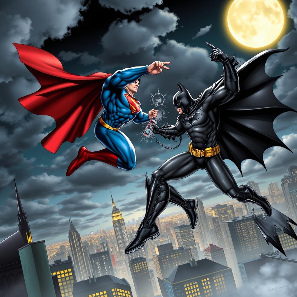 A dynamic, action-packed scene featuring Superman and Batman engaged in an epic battle