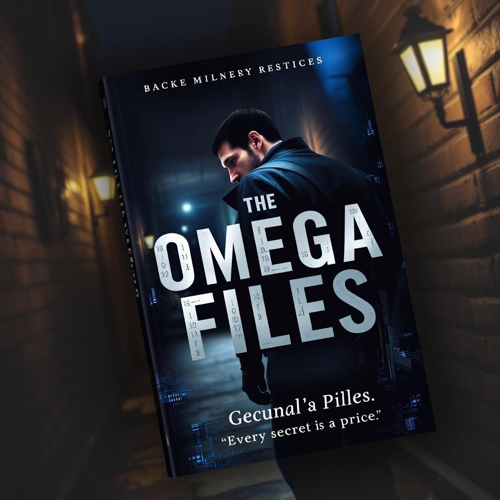 An intense and visually striking book cover for a spy thriller titled 'The Omega Files'