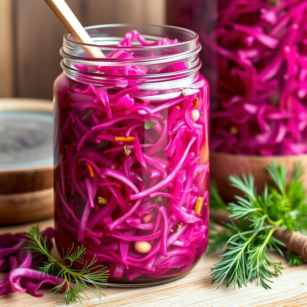 A vibrant and appetizing close-up of a jar filled with red cabbage sauerkraut