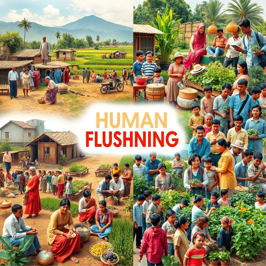 A vibrant photo collage that showcases the theme of human flourishing through contrasting images from the past and the present
