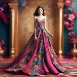 Craft an image of a woman wearing a vibrant, floor-length gown with intricate patterns, sparkly jewel accessories, and high heels against the backdrop of a luxurious event.