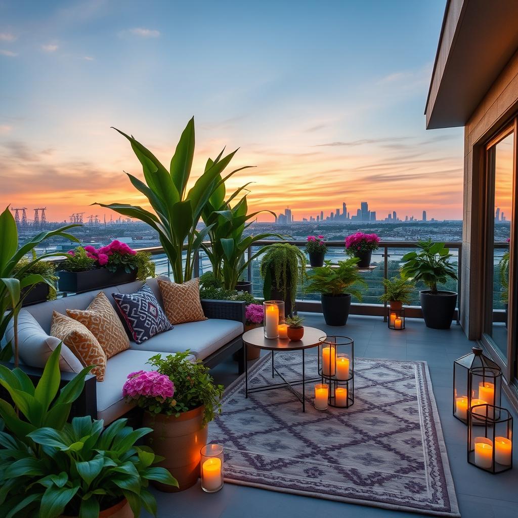 A beautifully decorated terrace featuring a cozy seating area with plush cushions and a stylish outdoor rug