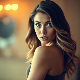 A beautiful 30-year-old woman with a surprised expression, directly facing the camera in a sensual pose