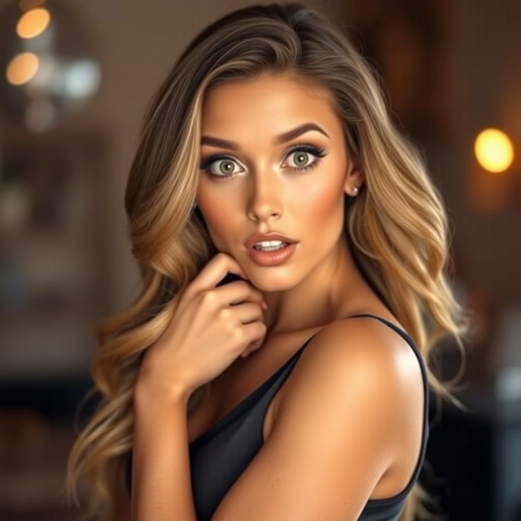 A beautiful 30-year-old woman with a surprised expression, directly facing the camera in a sensual pose