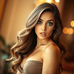 A beautiful 30-year-old woman with a surprised expression, directly facing the camera in a sensual pose