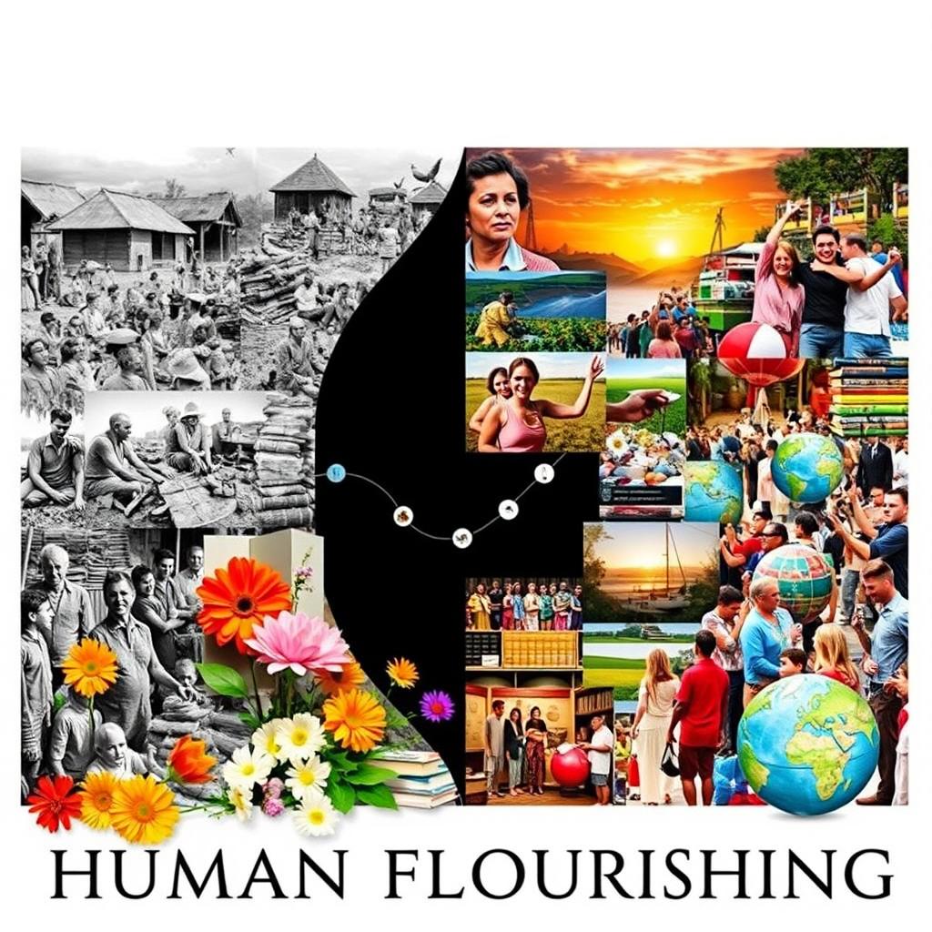 A captivating photo collage representing the theme of 'Human Flourishing' through comparison of the past and present