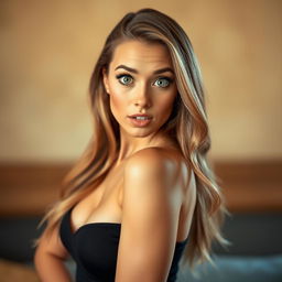A beautiful 30-year-old woman with a surprised expression, directly facing the camera in a sensual pose