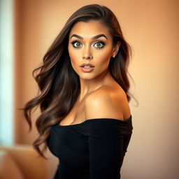 A beautiful 30-year-old woman with a surprised expression, directly facing the camera in a sensual pose
