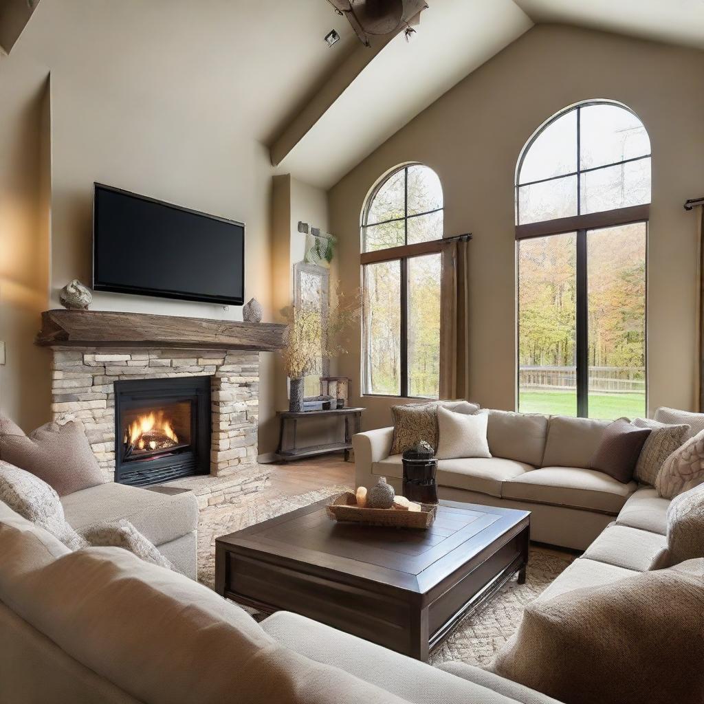 A spacious and welcoming living room with comfortable sofas, a coffee table, a large flat-screen TV on the wall, and a cozy fireplace. The room is brightly lit with warm, natural light entering from large windows.