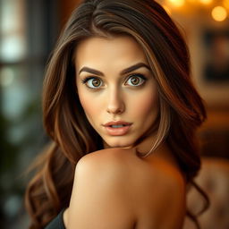 A beautiful 30-year-old woman with a surprised expression, directly facing the camera in a sensual pose