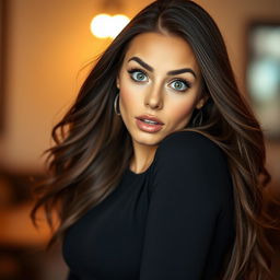 A beautiful 30-year-old woman with a surprised expression, directly facing the camera in a sensual pose