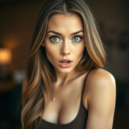 A beautiful 30-year-old woman with a surprised expression, directly facing the camera in a sensual pose