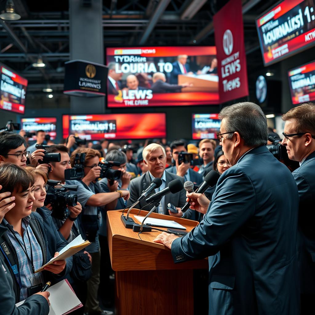 A vivid and dynamic image representing the world of journalism, showcasing journalists in action at a bustling press conference