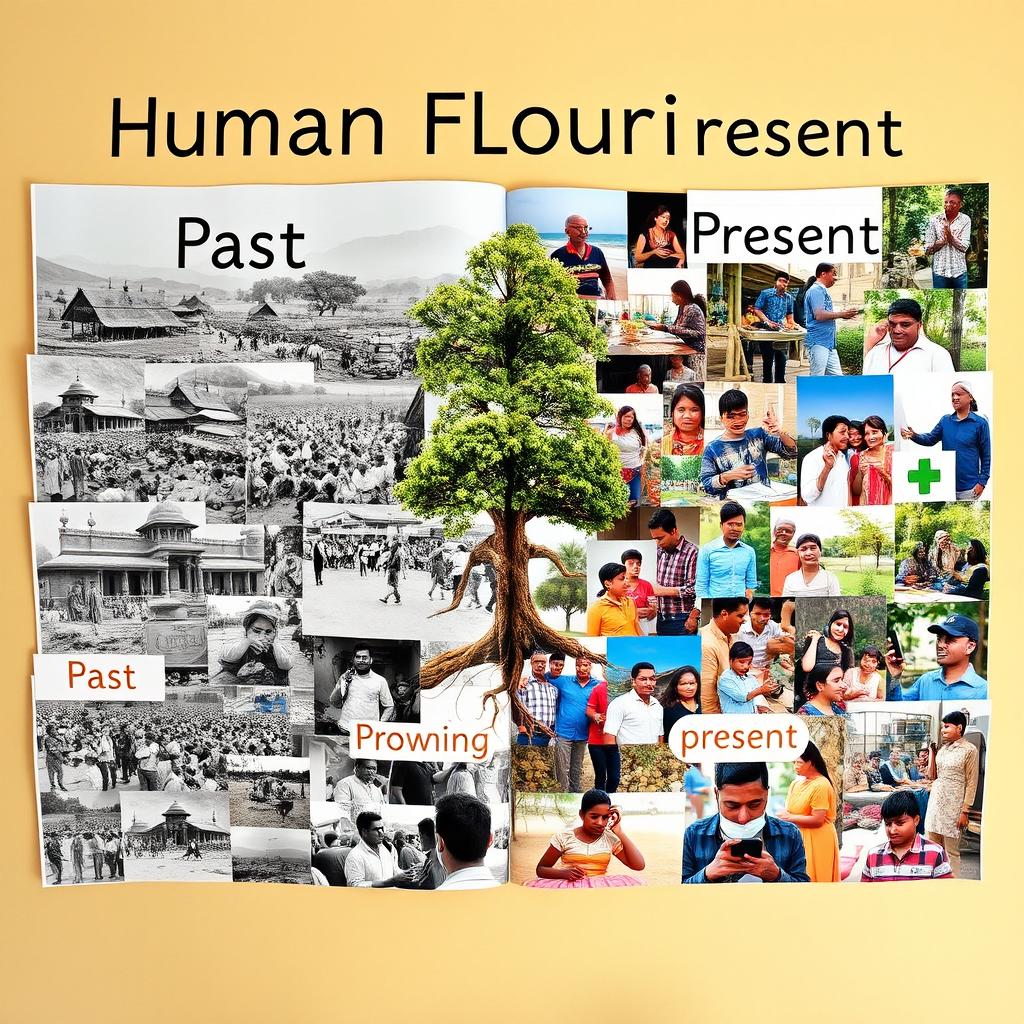 An engaging photo collage illustrating the concept of 'Human Flourishing' by distinctly highlighting the 'Past' and 'Present