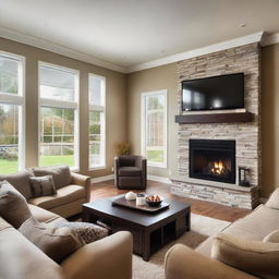 A spacious and welcoming living room with comfortable sofas, a coffee table, a large flat-screen TV on the wall, and a cozy fireplace. The room is brightly lit with warm, natural light entering from large windows.