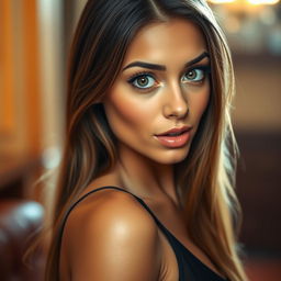 A stunning 30-year-old woman with a surprised expression, facing the camera directly in a sensual pose