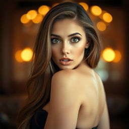 A stunning 30-year-old woman with a surprised expression, facing the camera directly in a sensual pose