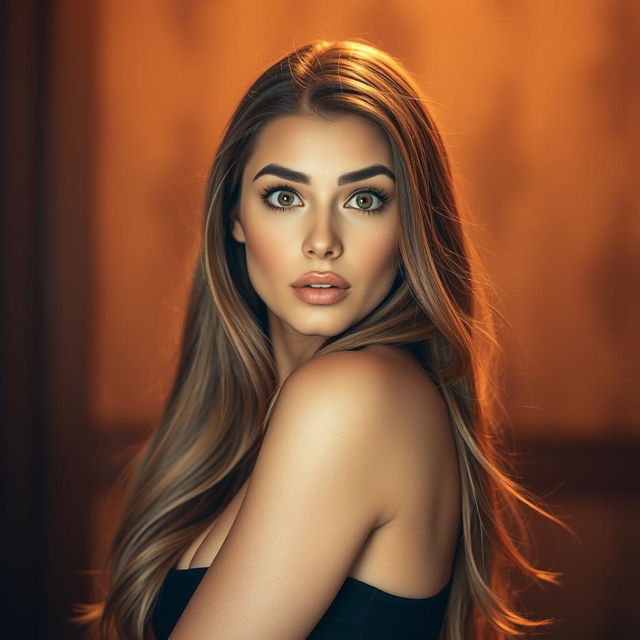 A stunning 30-year-old woman with a surprised expression, facing the camera directly in a sensual pose