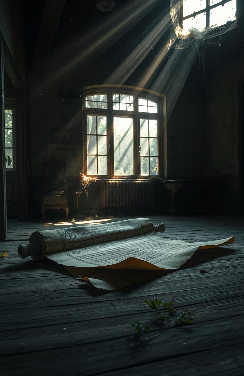A mysterious ancient scroll laying in an abandoned, decaying house