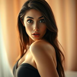 A stunning 30-year-old woman with a surprised expression, directly facing the camera in a sensual pose