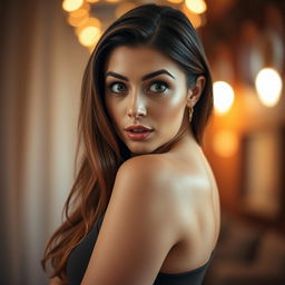 A stunning 30-year-old woman with a surprised expression, directly facing the camera in a sensual pose