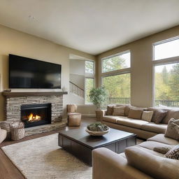 A spacious and welcoming living room with comfortable sofas, a coffee table, a large flat-screen TV on the wall, and a cozy fireplace. The room is brightly lit with warm, natural light entering from large windows.