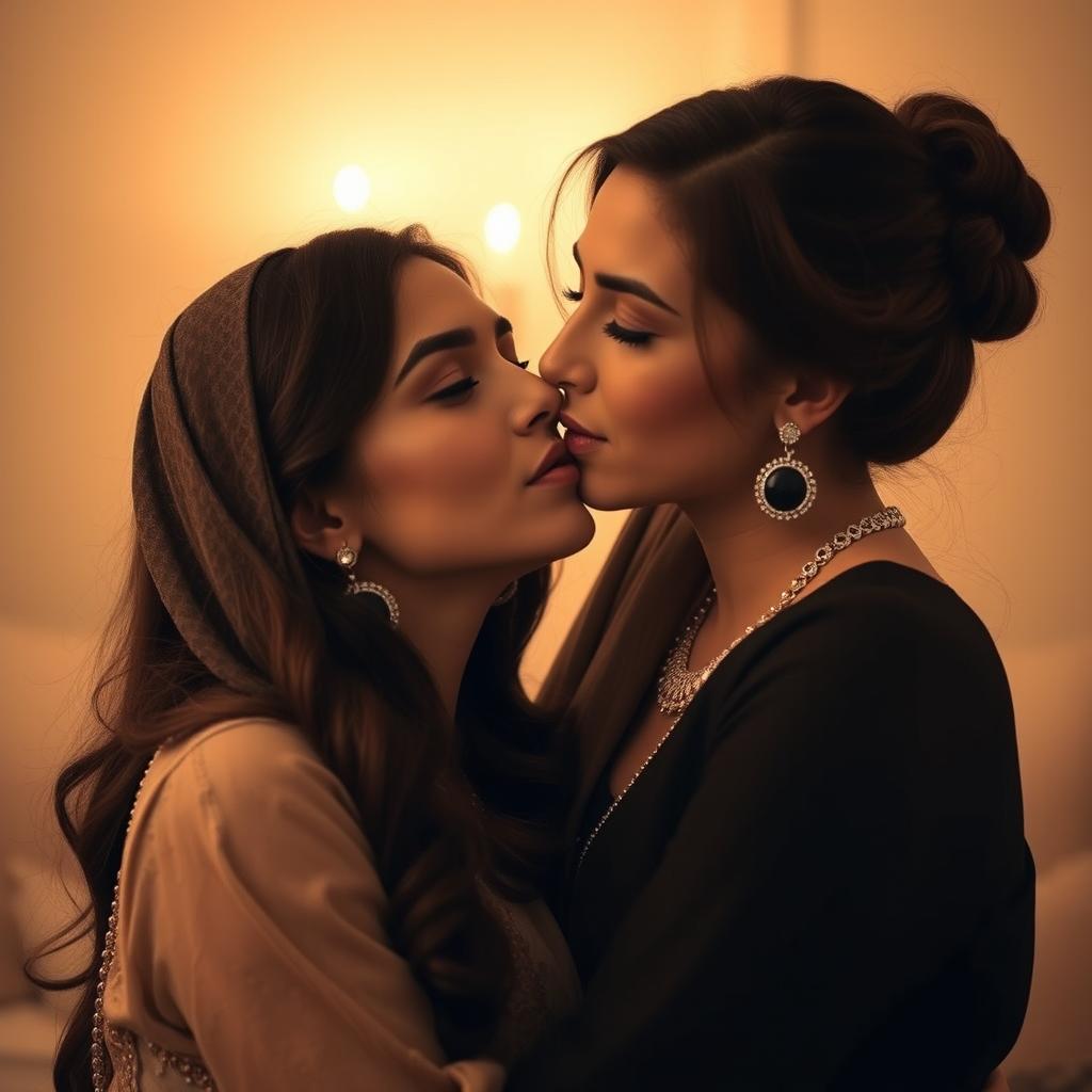 A tender moment between two women, one of whom is Iranian, sharing a soft kiss