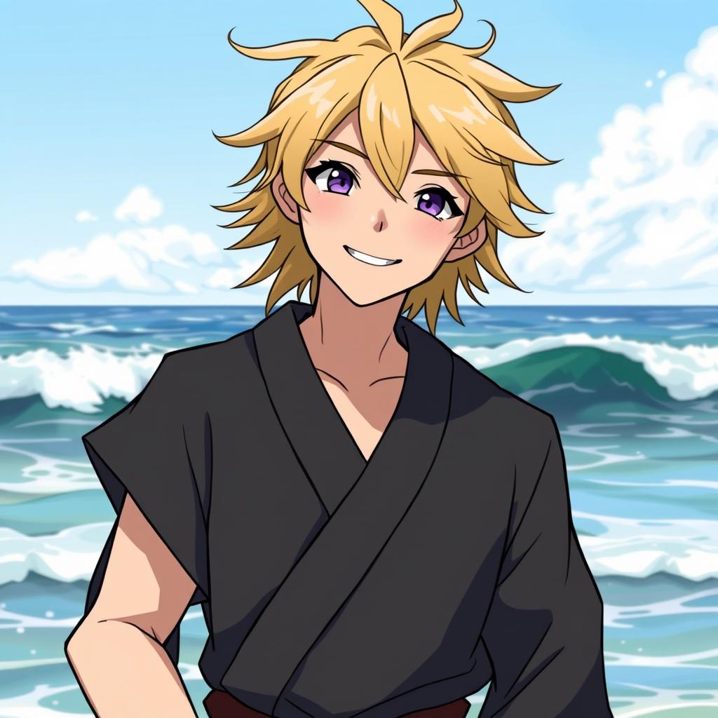 A male character with shaggy blonde hair and amethyst eyes, wearing a traditional black Gi, standing happily by the ocean